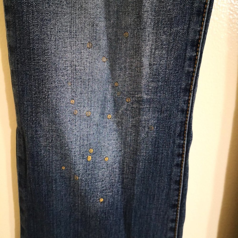 Fabulosity High Rise Stretch Flare Jeans Golden Polka Dot Print‎ Detail Size 9 - Picture 4 of 7
